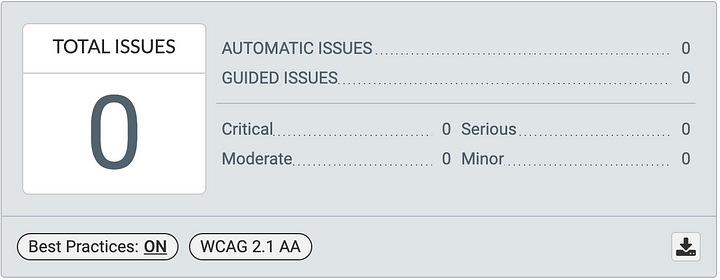 Axe Auditor results for Jupyter Notebook 7 from Quantstack blog post on Medium.  The results count shows a total of 0 issues with a diagnosis of best practices and some, non specified WCAG 2.1 criteria