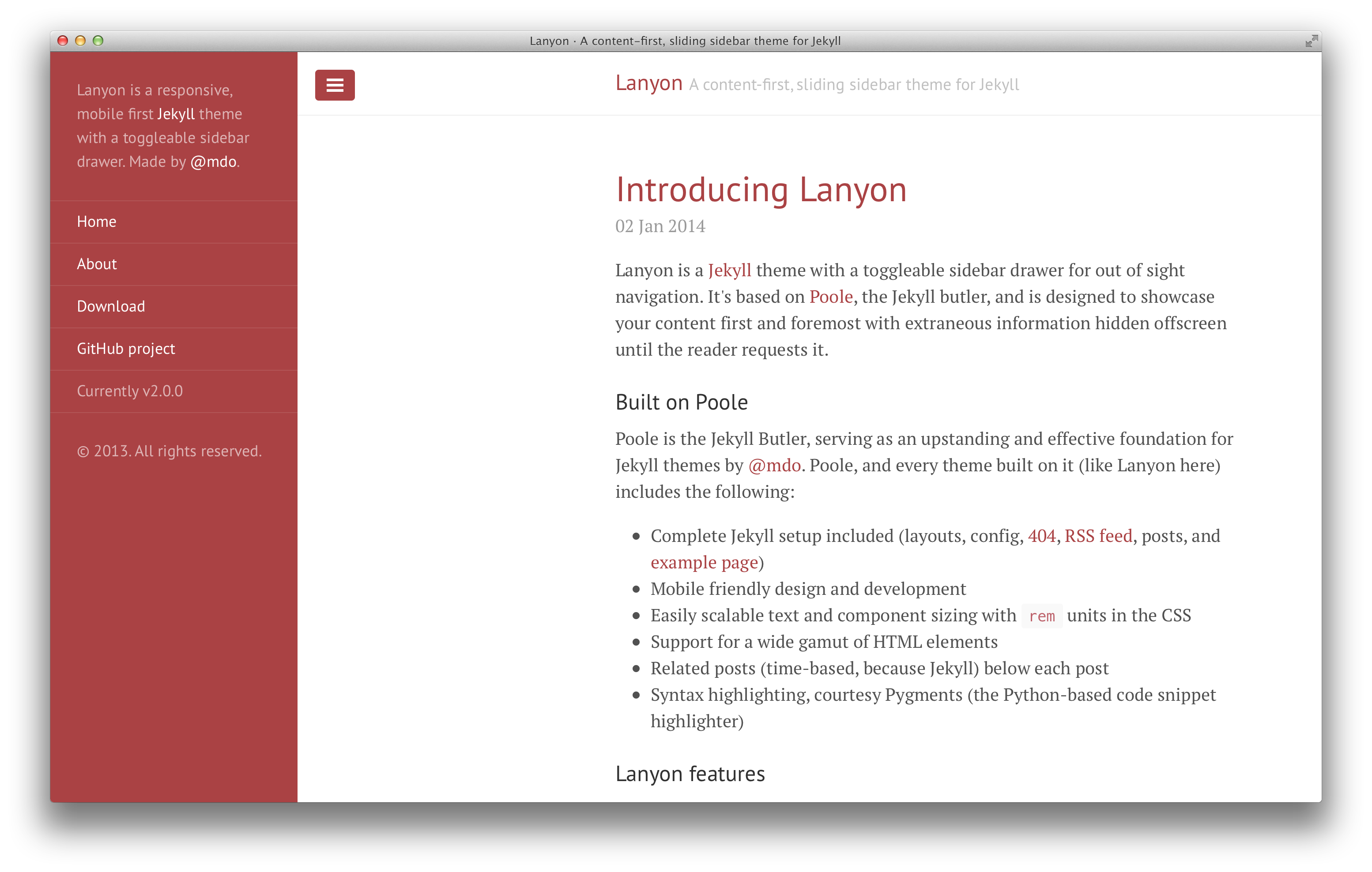 Lanyon with red theme and open sidebar