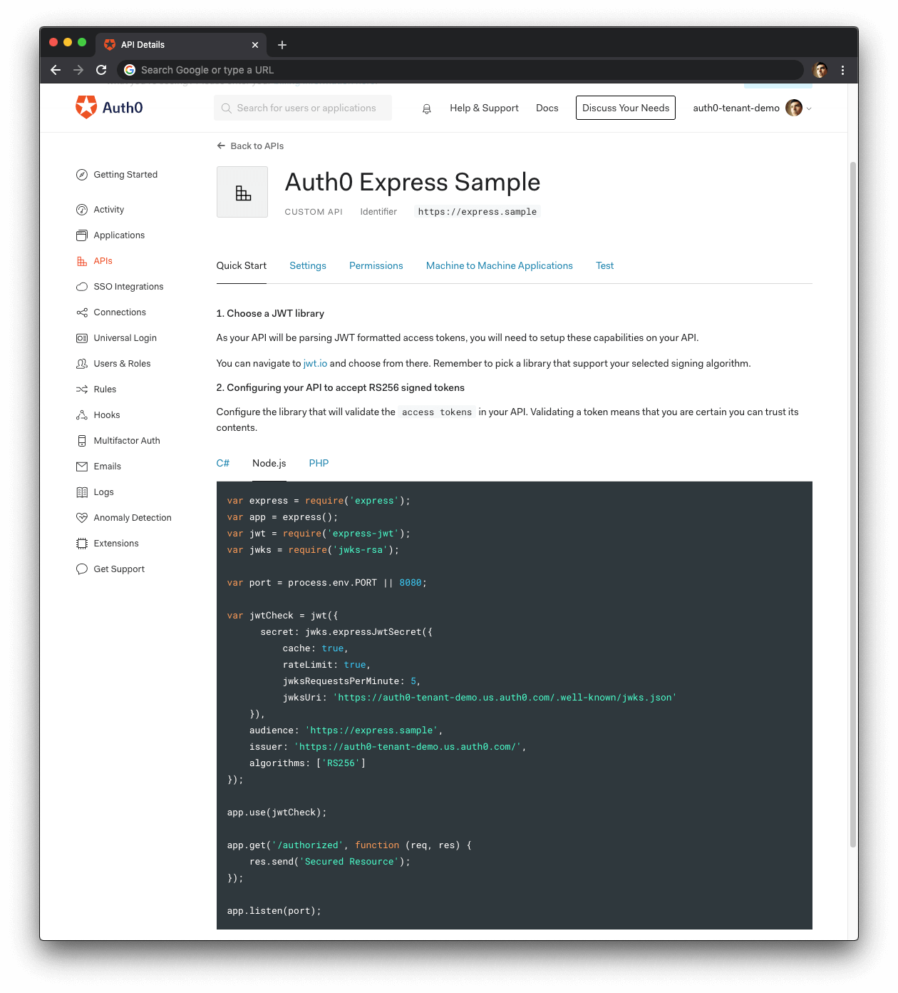 Auth0 API Node.js Quickstart