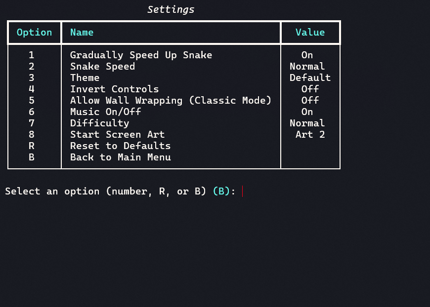 Snake Game Settings Preview