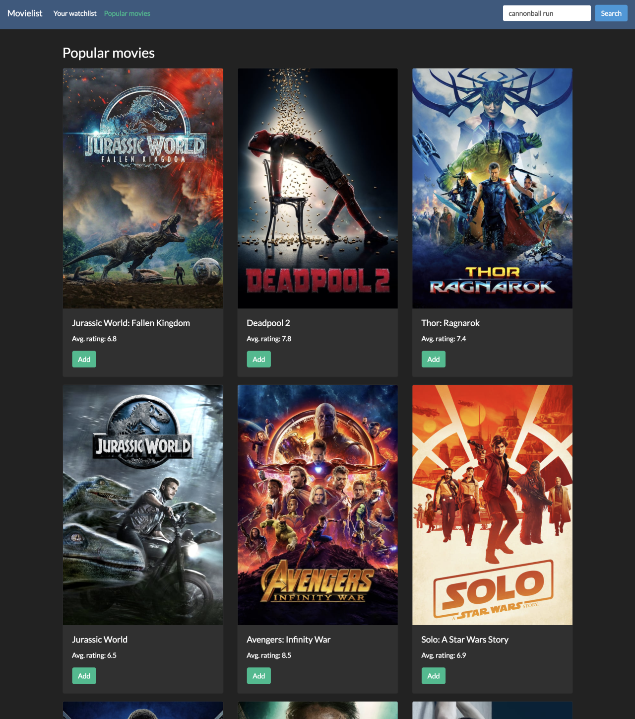 Screenshot of the popular movies page