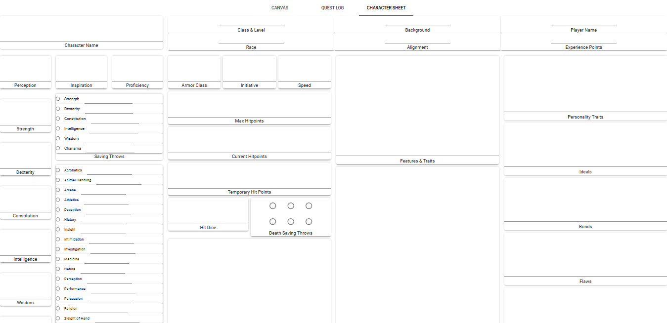 View of Character Sheet Tab